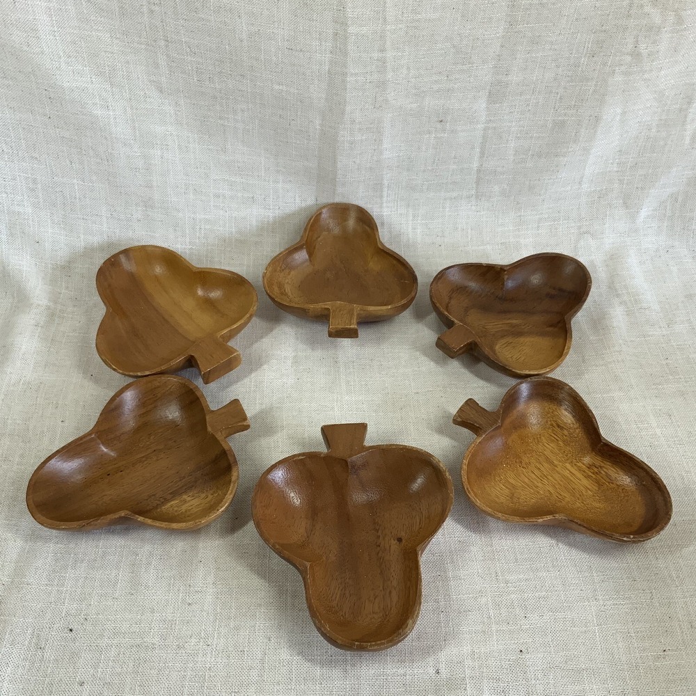 Vintage Set Of 6 Wooden Bridge Snack Bowls Card Suit Club Made Philippines.